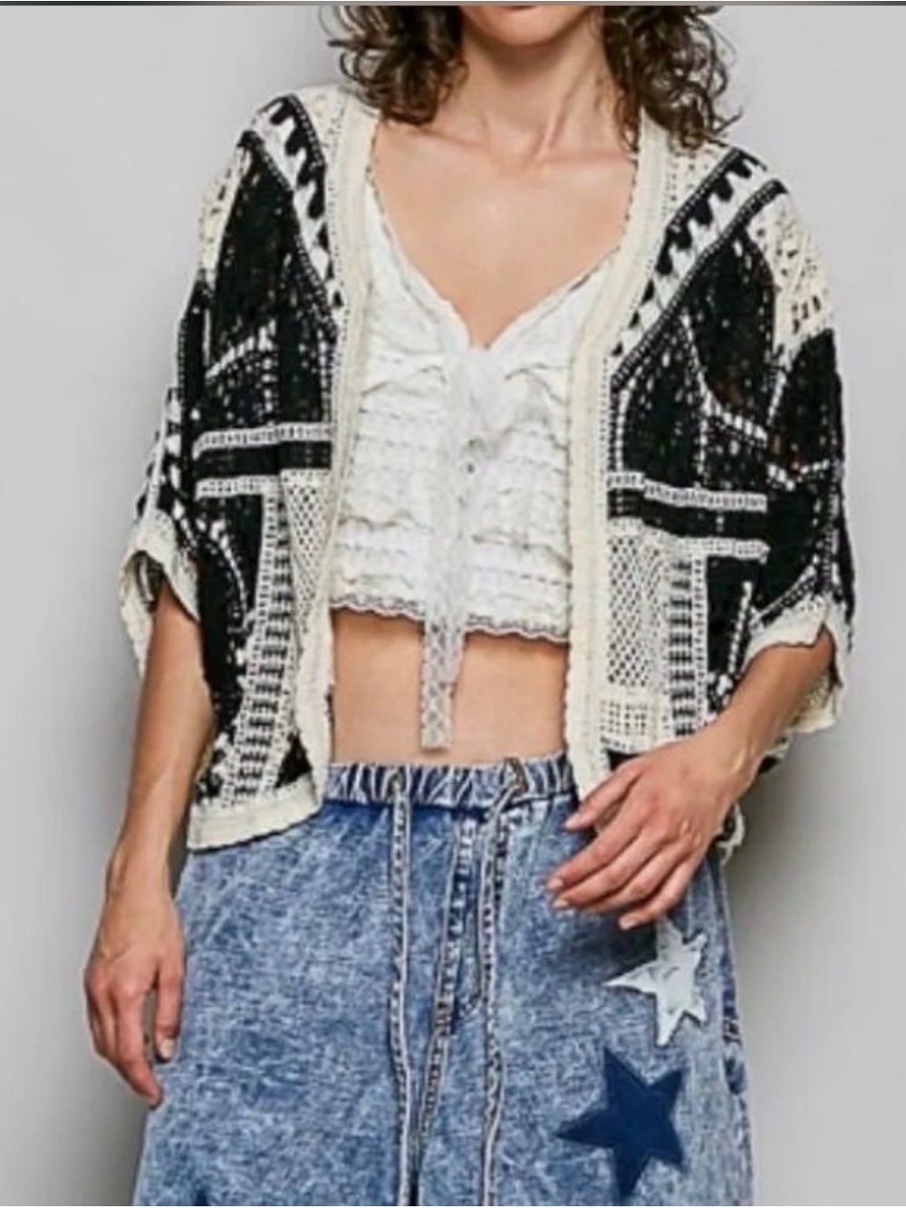 POL Black & Cream Crochet Kimono Cardigan
